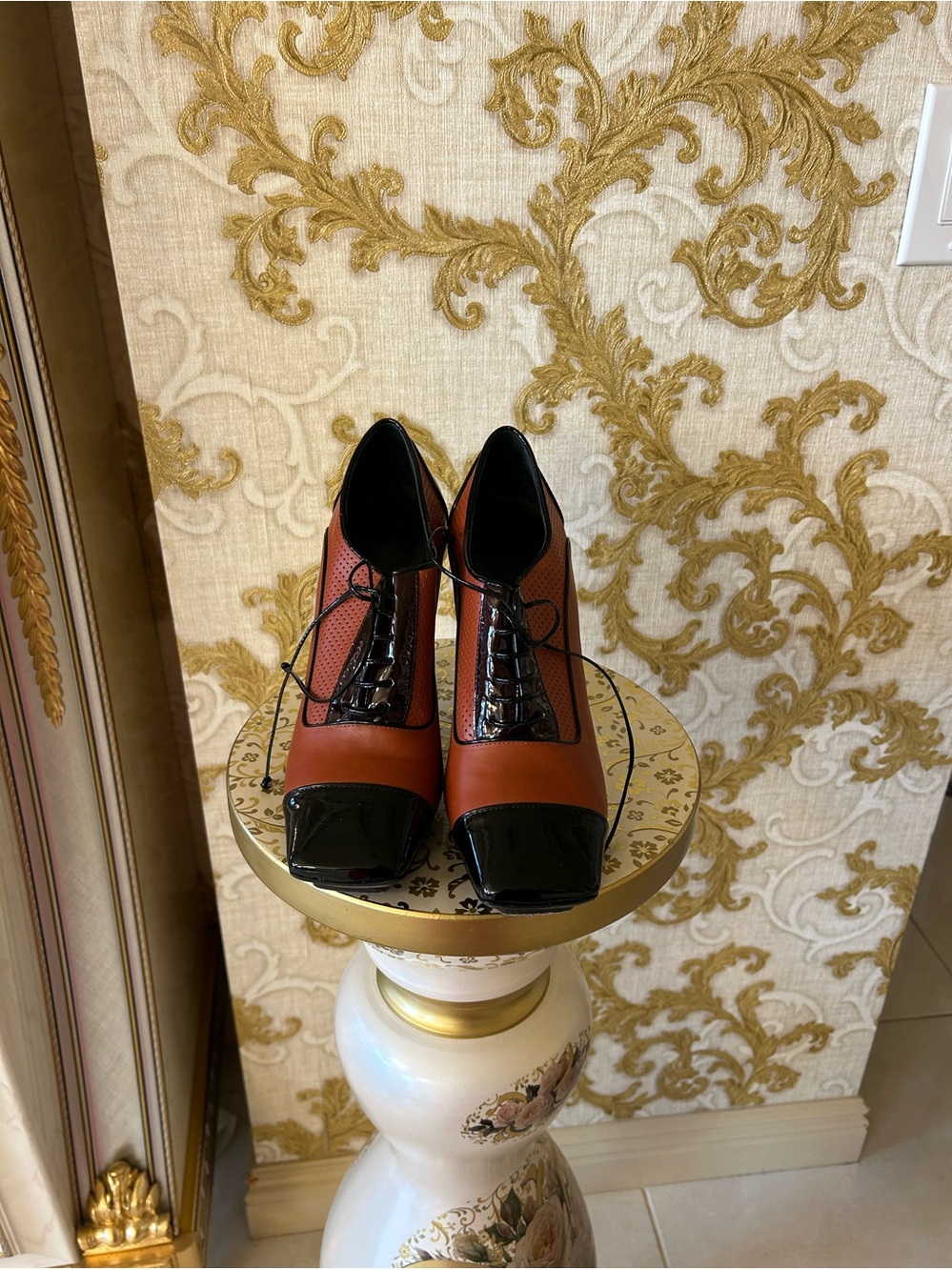 Escada Two-Tone Brown and Black Lace-Up Block Heel Pumps